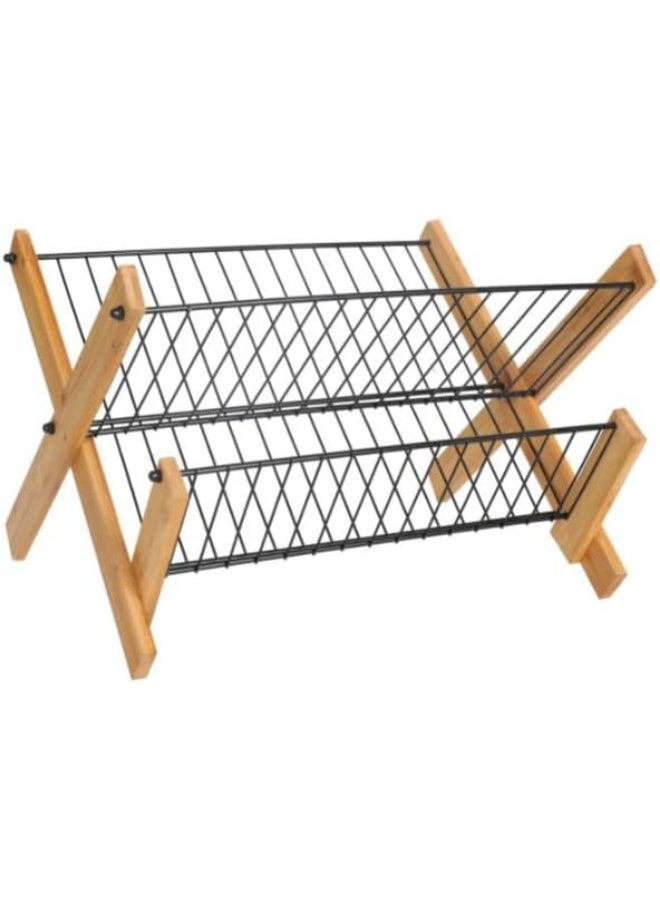 Orchid Wooden Dish Drying Rack 2 Tier, Bamboo Plate & Dish Organizer with Metal Wire Shelves, Kitchen Countertop Drying Stand, Space Saving Dish Drainer, Bamboo Kitchen Rack Dish Holder - Image 1